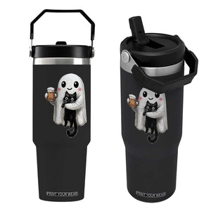 Funny Halloween Flip Straw Tumbler Cute Ghost Holding Black Cat Drinking Beer