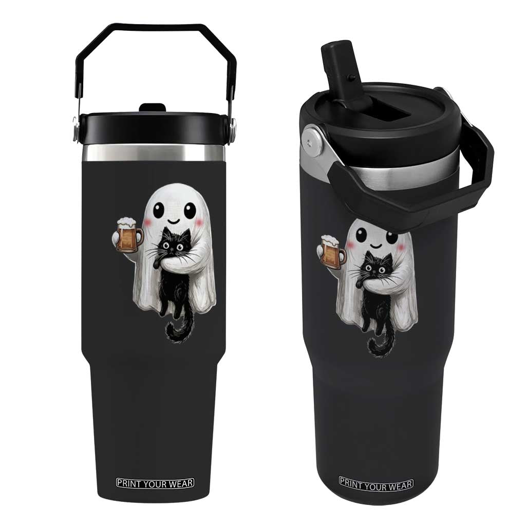 Funny Halloween Flip Straw Tumbler Cute Ghost Holding Black Cat Drinking Beer TS12 One Size: 30 oz Black Print Your Wear