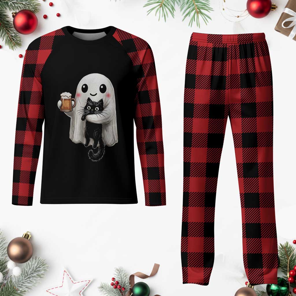 Funny Halloween Plaid Pajama Set Cute Ghost Holding Black Cat Drinking Beer TS12 Buffalo Plaid Print Your Wear
