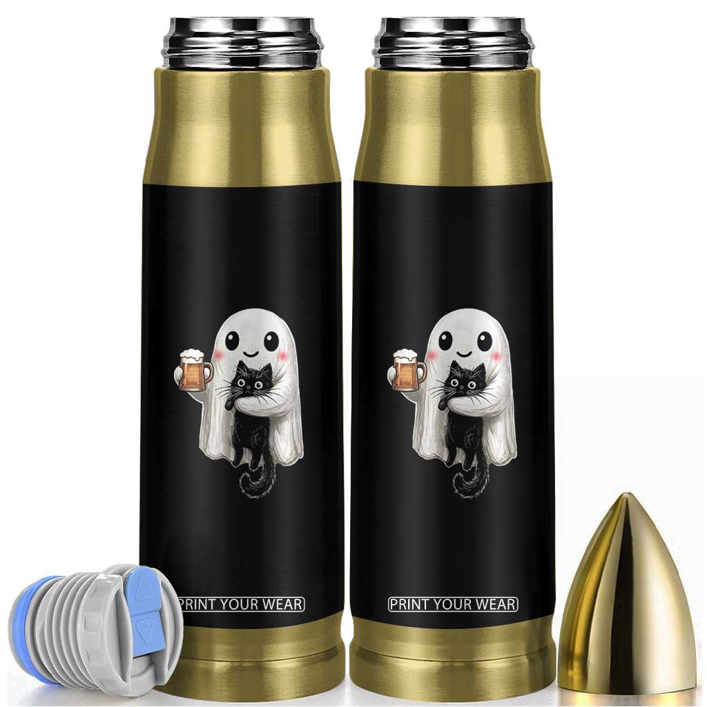 Funny Halloween Bullet Tumbler Cute Ghost Holding Black Cat Drinking Beer TS12 Black Print Your Wear