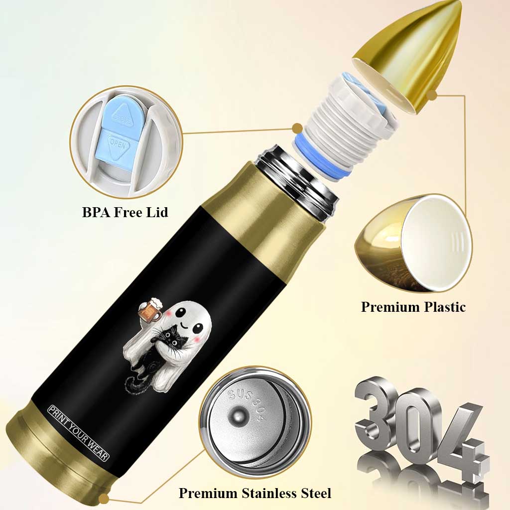 Funny Halloween Bullet Tumbler Cute Ghost Holding Black Cat Drinking Beer