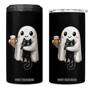 Funny Halloween 4 in 1 Can Cooler Tumbler Cute Ghost Holding Black Cat Drinking Beer