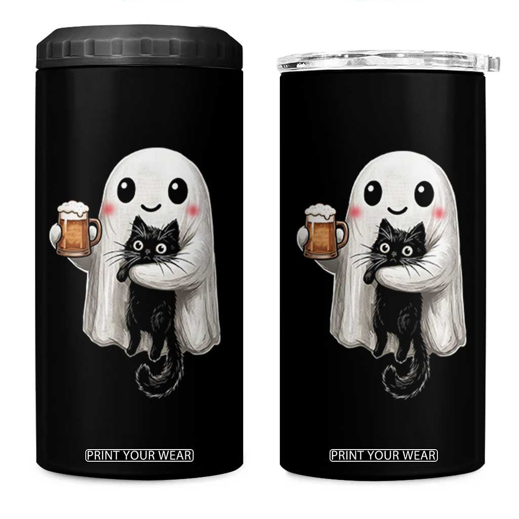 Funny Halloween 4 in 1 Can Cooler Tumbler Cute Ghost Holding Black Cat Drinking Beer TS12 One Size: 16 oz Black Print Your Wear