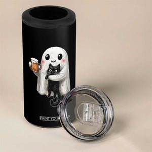 Funny Halloween 4 in 1 Can Cooler Tumbler Cute Ghost Holding Black Cat Drinking Beer