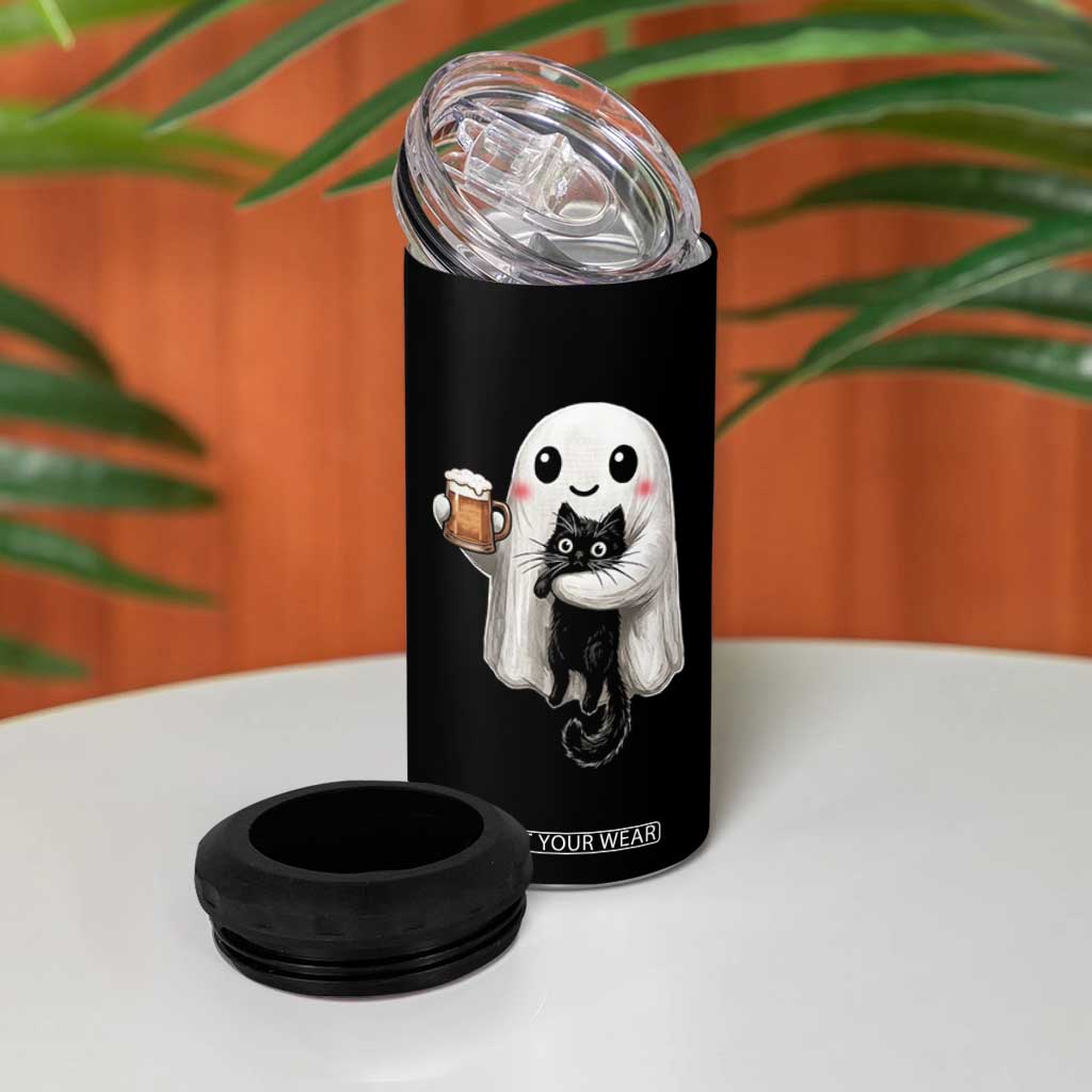Funny Halloween 4 in 1 Can Cooler Tumbler Cute Ghost Holding Black Cat Drinking Beer