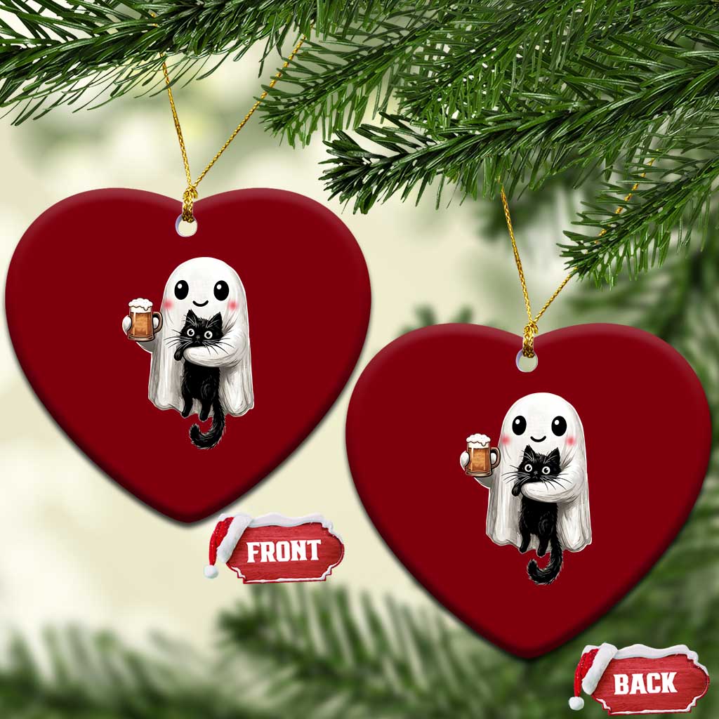 Funny Halloween Ceramic Ornament Cute Ghost Holding Black Cat Drinking Beer