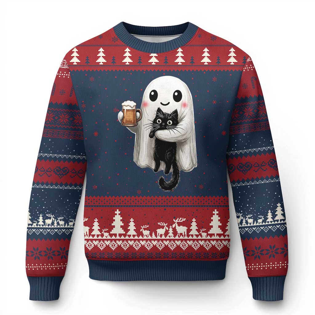 Funny Halloween Ugly Christmas Sweater Cute Ghost Holding Black Cat Drinking Beer TS12 Navy Red Print Your Wear