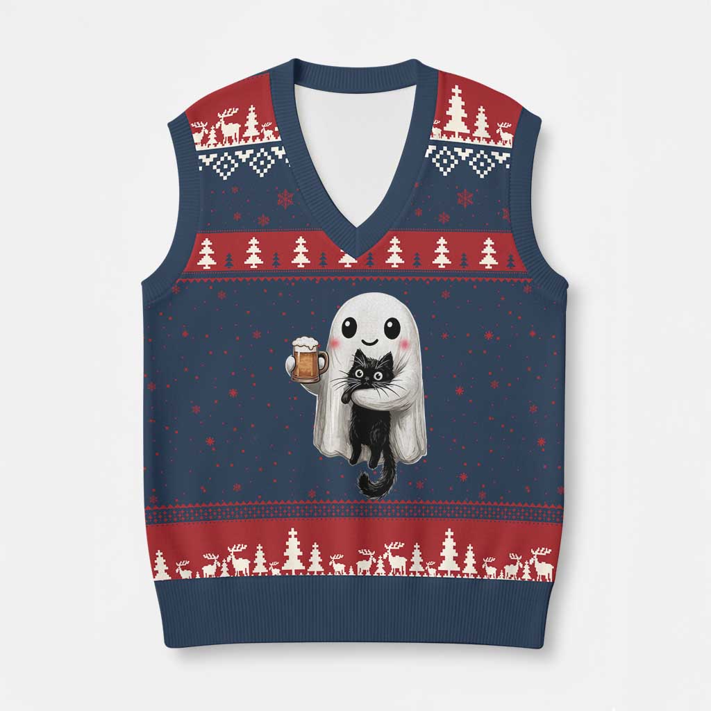 Funny Halloween V-Neck Knit Sweater Vest Cute Ghost Holding Black Cat Drinking Beer TS12 Navy Red Print Your Wear