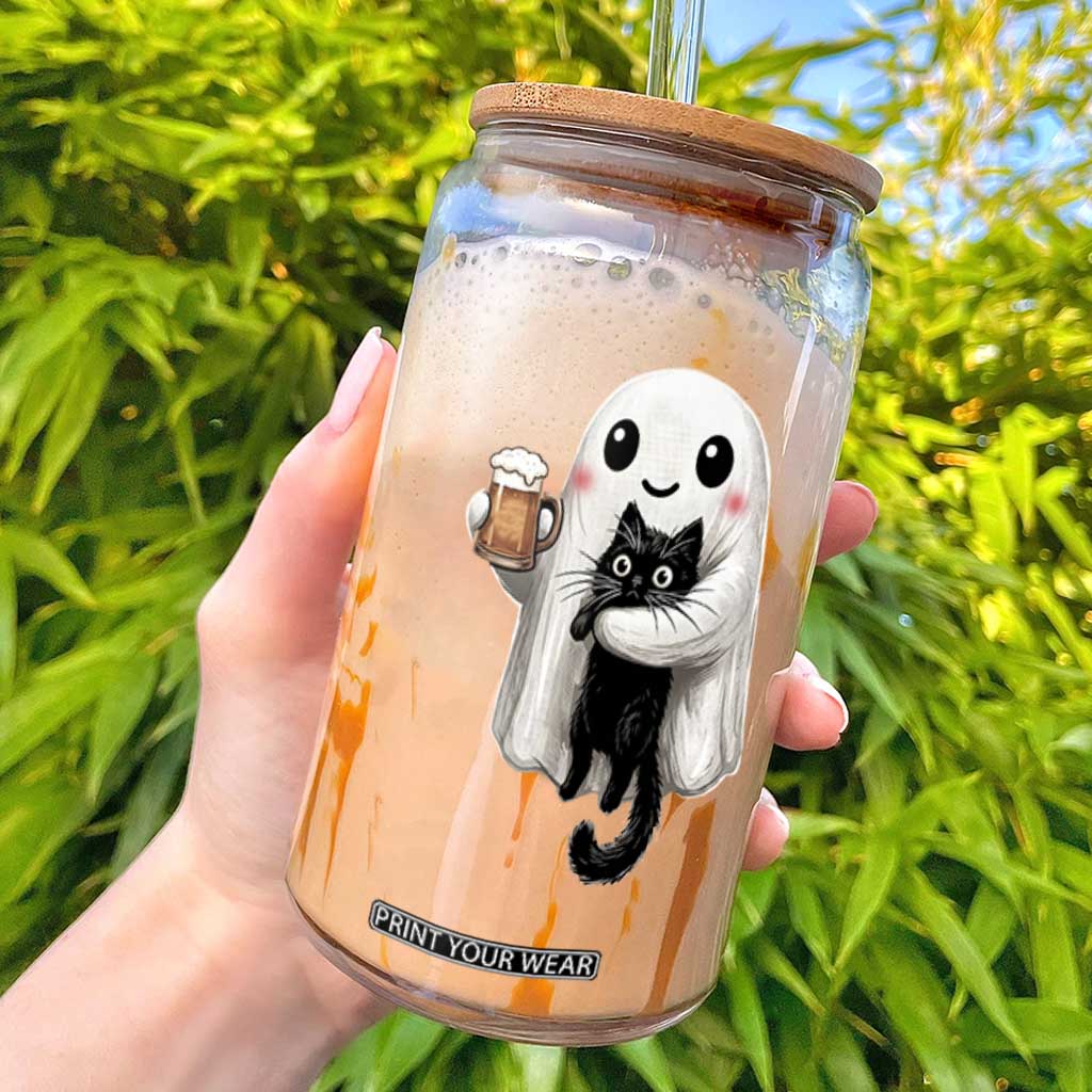 Funny Halloween Glass Can Cute Ghost Holding Black Cat Drinking Beer TS12 Black Print Your Wear