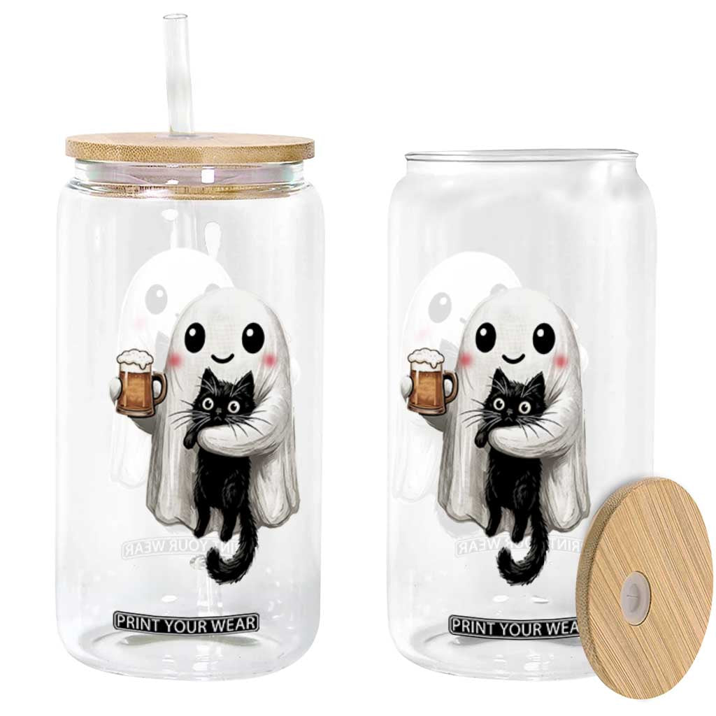Funny Halloween Glass Can Cute Ghost Holding Black Cat Drinking Beer