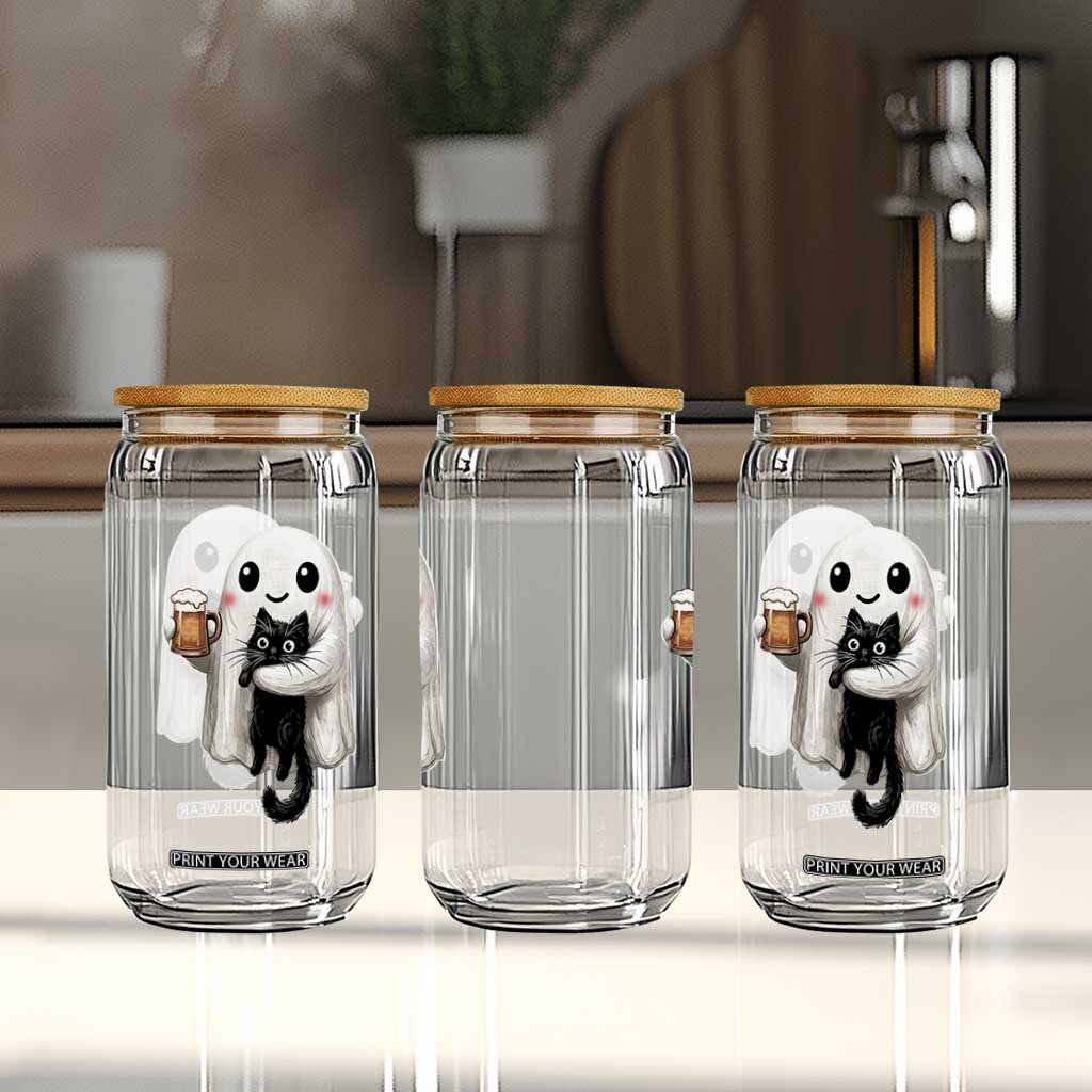 Funny Halloween Glass Can Cute Ghost Holding Black Cat Drinking Beer