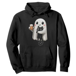 Funny Halloween Hoodie Cute Ghost Holding Black Cat Drinking Beer