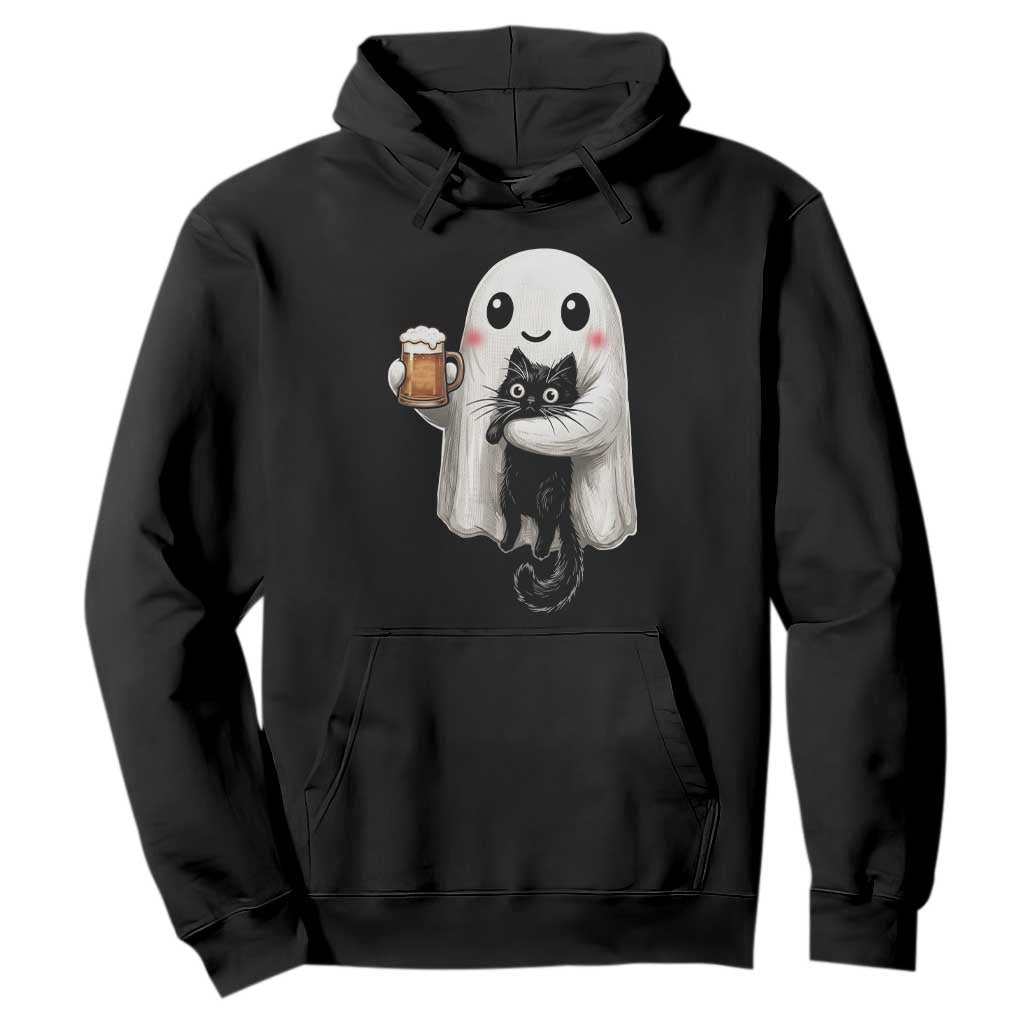 Funny Halloween Hoodie Cute Ghost Holding Black Cat Drinking Beer TS12 Black Print Your Wear