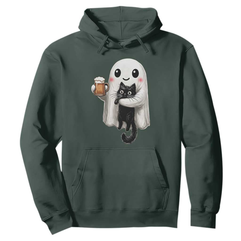 Funny Halloween Hoodie Cute Ghost Holding Black Cat Drinking Beer
