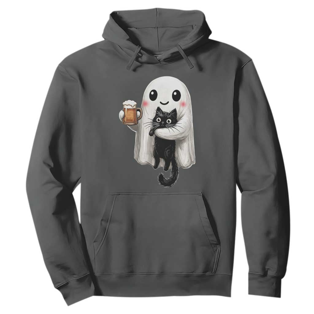 Funny Halloween Hoodie Cute Ghost Holding Black Cat Drinking Beer