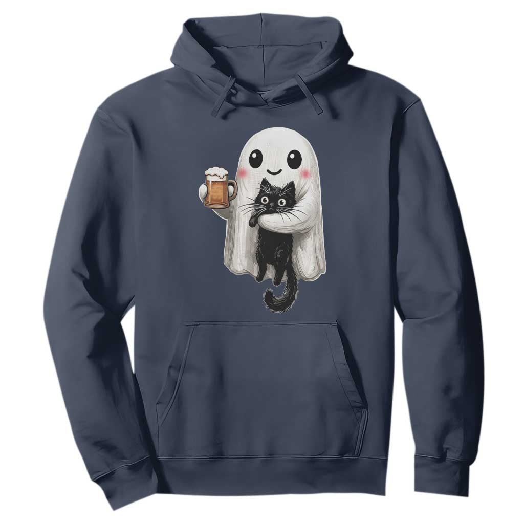 Funny Halloween Hoodie Cute Ghost Holding Black Cat Drinking Beer