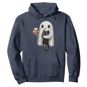 Funny Halloween Hoodie Cute Ghost Holding Black Cat Drinking Beer