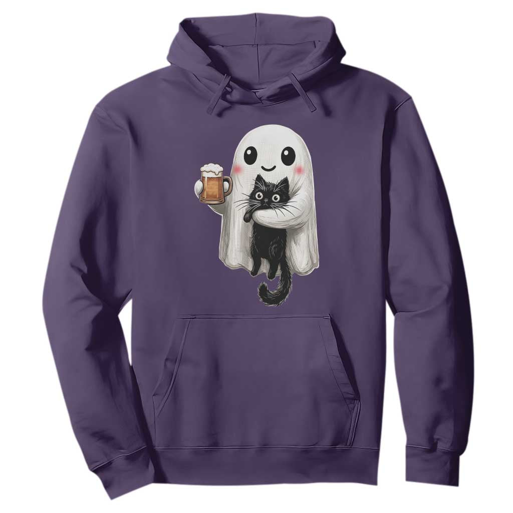 Funny Halloween Hoodie Cute Ghost Holding Black Cat Drinking Beer
