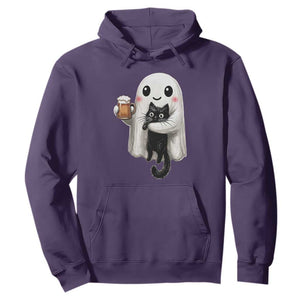 Funny Halloween Hoodie Cute Ghost Holding Black Cat Drinking Beer