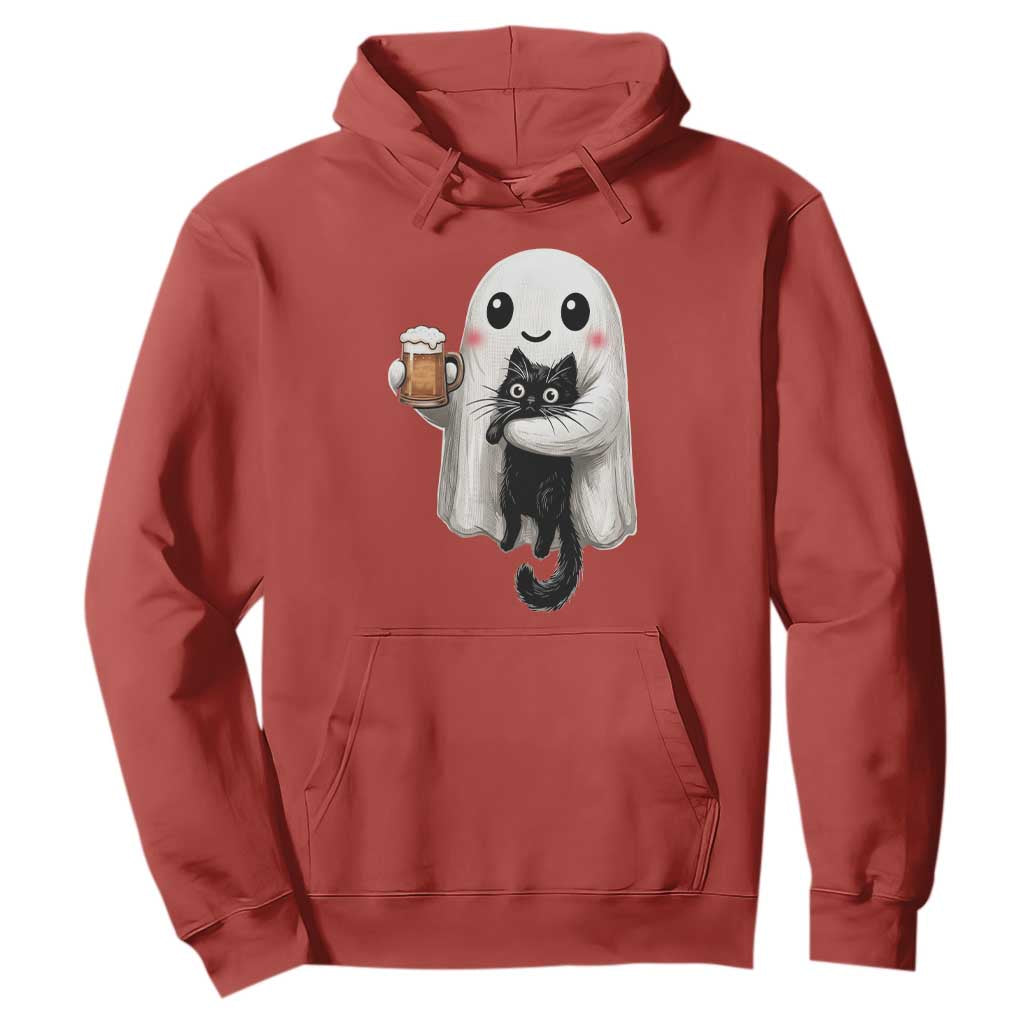 Funny Halloween Hoodie Cute Ghost Holding Black Cat Drinking Beer