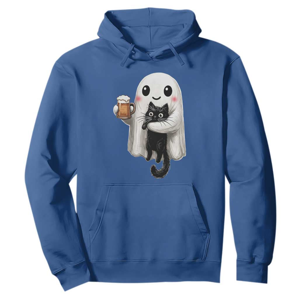 Funny Halloween Hoodie Cute Ghost Holding Black Cat Drinking Beer
