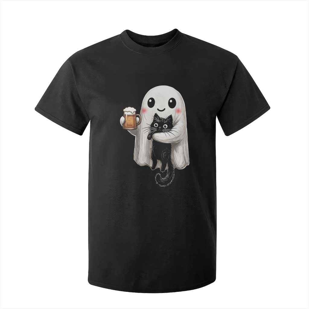 Funny Halloween T Shirt For Kid Cute Ghost Holding Black Cat Drinking Beer