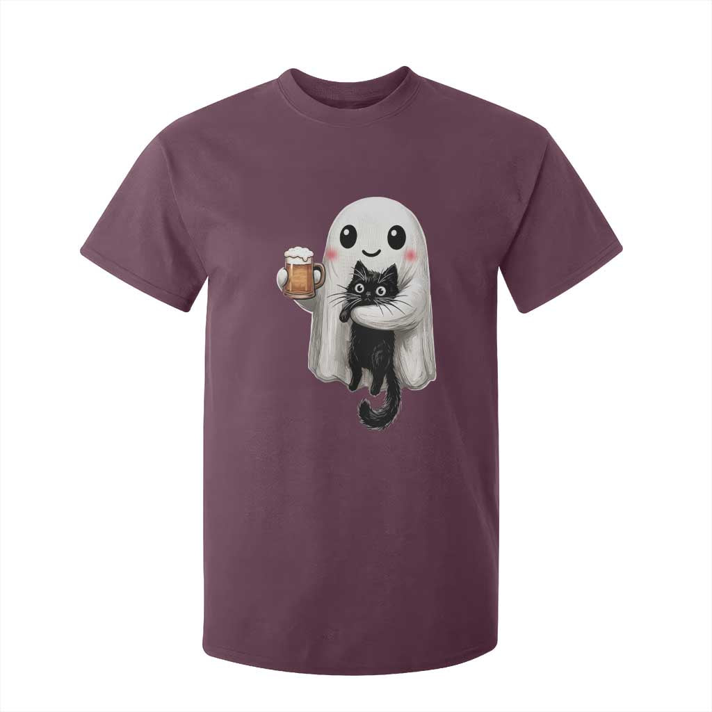Funny Halloween T Shirt For Kid Cute Ghost Holding Black Cat Drinking Beer