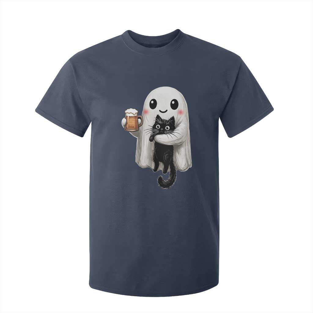 Funny Halloween T Shirt For Kid Cute Ghost Holding Black Cat Drinking Beer
