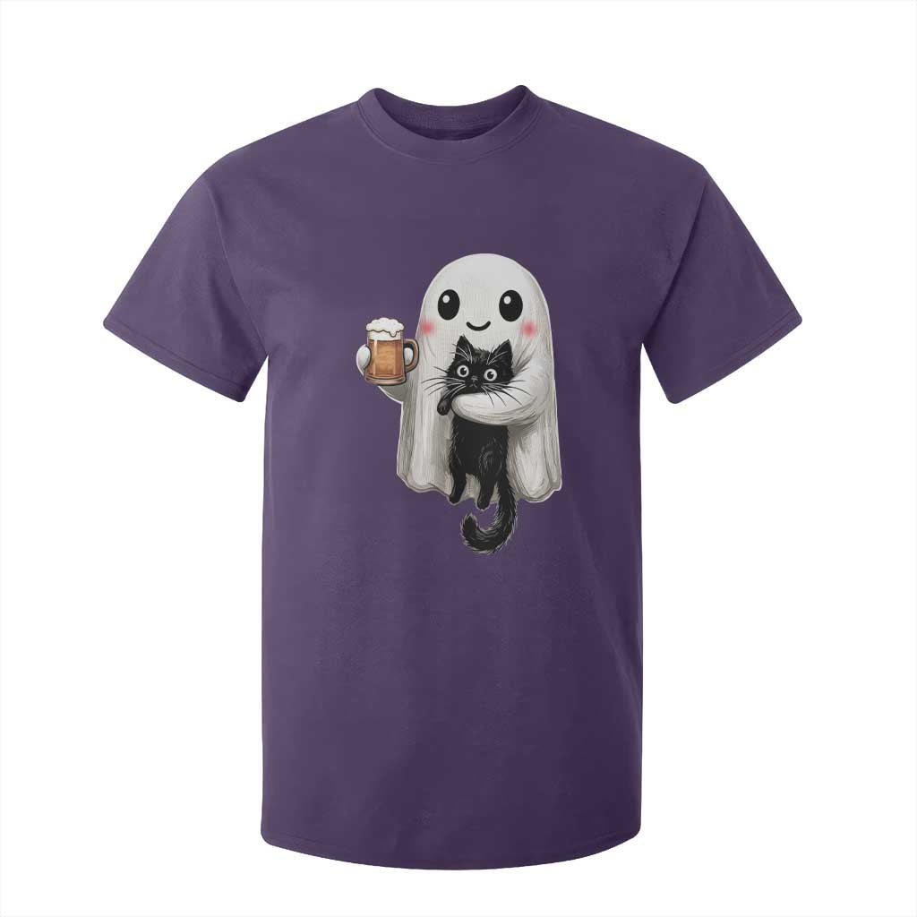 Funny Halloween T Shirt For Kid Cute Ghost Holding Black Cat Drinking Beer