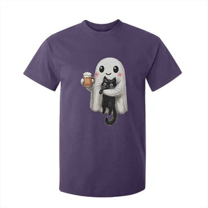 Funny Halloween T Shirt For Kid Cute Ghost Holding Black Cat Drinking Beer