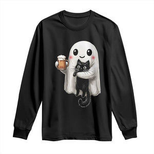 Funny Halloween Long Sleeve Shirt Cute Ghost Holding Black Cat Drinking Beer
