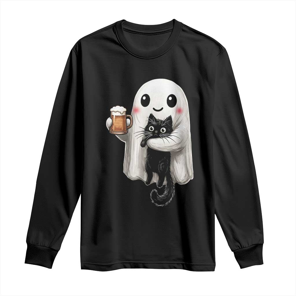 Funny Halloween Long Sleeve Shirt Cute Ghost Holding Black Cat Drinking Beer TS12 Black Print Your Wear