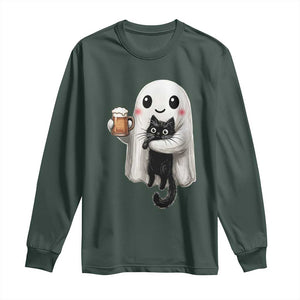 Funny Halloween Long Sleeve Shirt Cute Ghost Holding Black Cat Drinking Beer