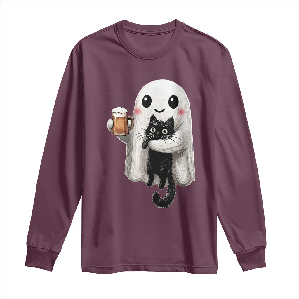 Funny Halloween Long Sleeve Shirt Cute Ghost Holding Black Cat Drinking Beer