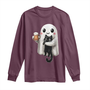 Funny Halloween Long Sleeve Shirt Cute Ghost Holding Black Cat Drinking Beer