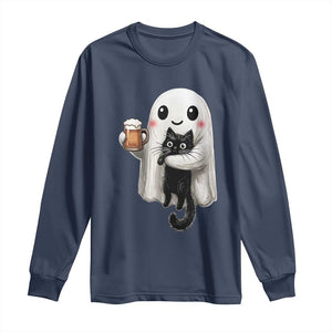 Funny Halloween Long Sleeve Shirt Cute Ghost Holding Black Cat Drinking Beer