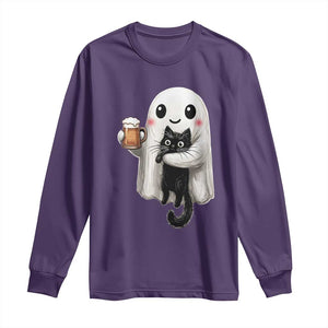 Funny Halloween Long Sleeve Shirt Cute Ghost Holding Black Cat Drinking Beer
