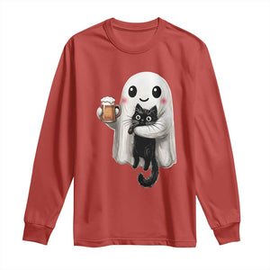 Funny Halloween Long Sleeve Shirt Cute Ghost Holding Black Cat Drinking Beer