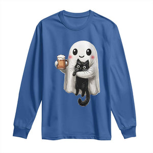 Funny Halloween Long Sleeve Shirt Cute Ghost Holding Black Cat Drinking Beer