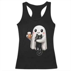 Funny Halloween Racerback Tank Top Cute Ghost Holding Black Cat Drinking Beer