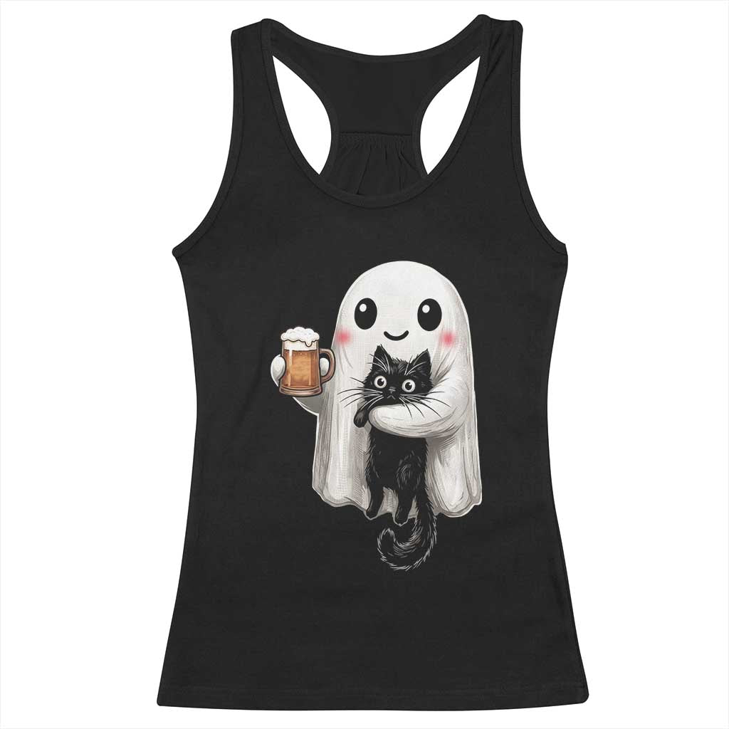 Funny Halloween Racerback Tank Top Cute Ghost Holding Black Cat Drinking Beer TS12 Black Print Your Wear
