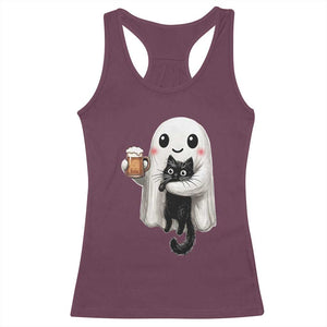 Funny Halloween Racerback Tank Top Cute Ghost Holding Black Cat Drinking Beer