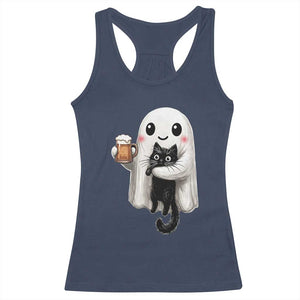 Funny Halloween Racerback Tank Top Cute Ghost Holding Black Cat Drinking Beer