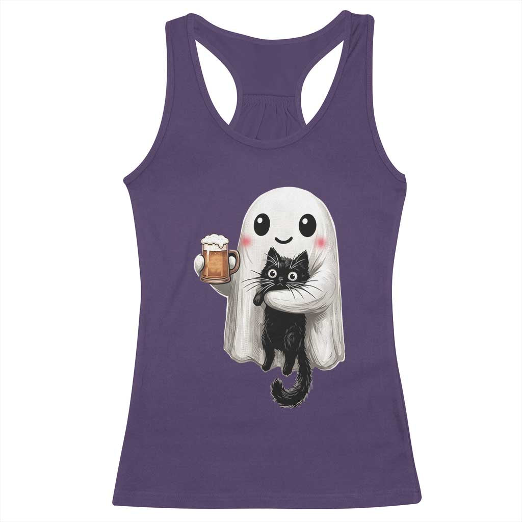 Funny Halloween Racerback Tank Top Cute Ghost Holding Black Cat Drinking Beer