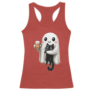 Funny Halloween Racerback Tank Top Cute Ghost Holding Black Cat Drinking Beer