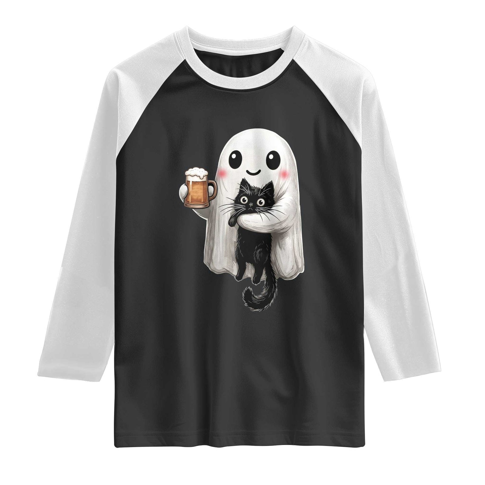 Funny Halloween Raglan Shirt Cute Ghost Holding Black Cat Drinking Beer TS12 Black White Print Your Wear