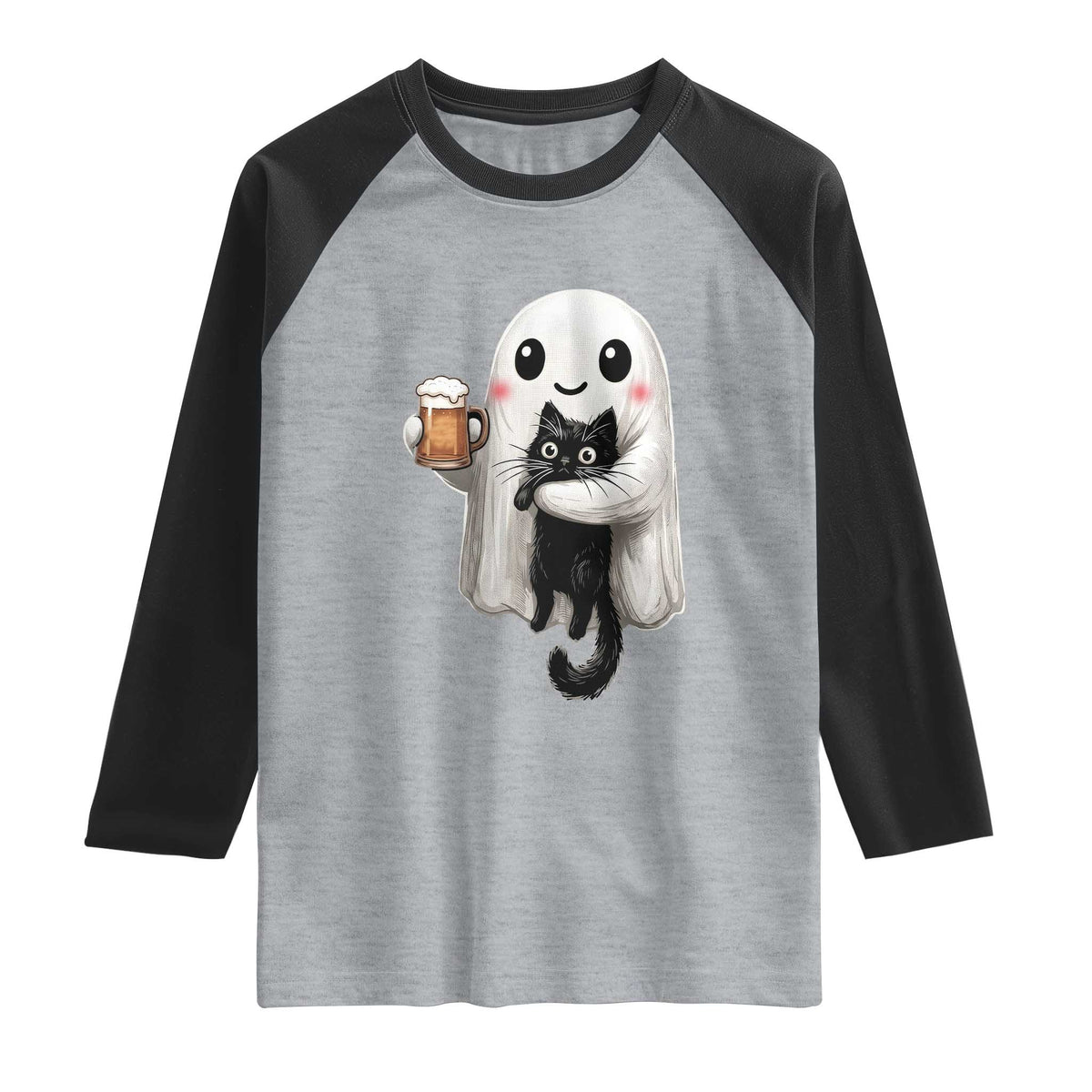 Funny Halloween Raglan Shirt Cute Ghost Holding Black Cat Drinking Beer