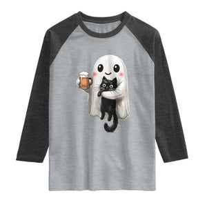 Funny Halloween Raglan Shirt Cute Ghost Holding Black Cat Drinking Beer