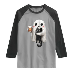 Funny Halloween Raglan Shirt Cute Ghost Holding Black Cat Drinking Beer