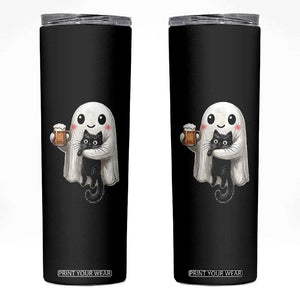 Funny Halloween Skinny Tumbler Cute Ghost Holding Black Cat Drinking Beer